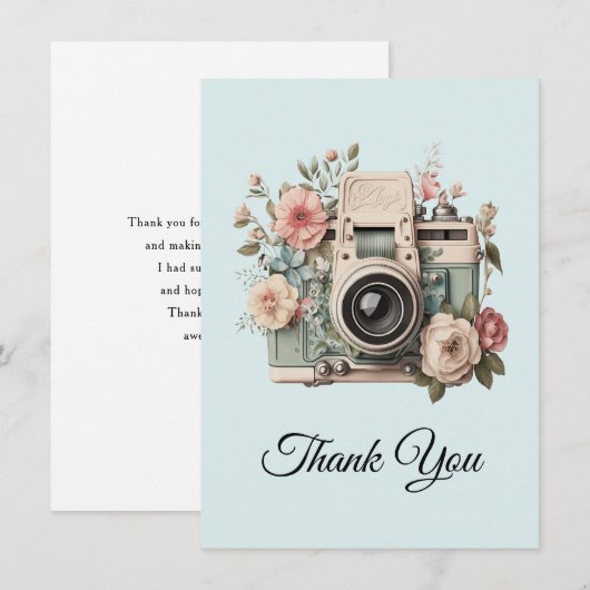 Camera met bloemen Retro Pastel Afbeelding Bedankkaart (Voorkant / Achterkant)