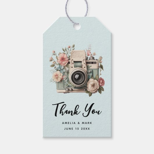 Camera met bloemen Retro Pastel Afbeelding Bruilof Cadeaulabel (Voorkant)
