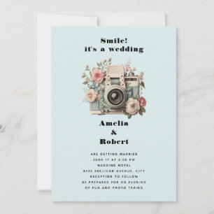 Camera met bloemen Retro Pastel Afbeelding Bruilof Kaart