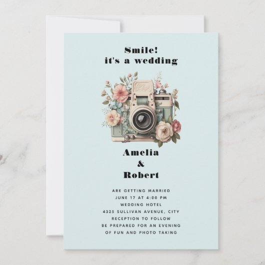 Camera met bloemen Retro Pastel Afbeelding Bruilof Kaart (Voorkant)