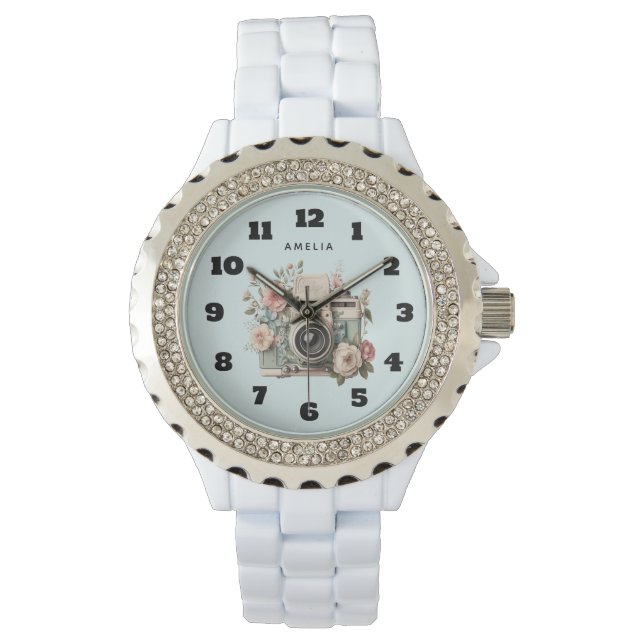 Camera met bloemen Retro Pastel Afbeelding Horloge (Voorkant)