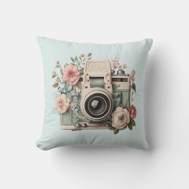 Camera met bloemen Retro Pastel Afbeelding Kussen (Voorkant)