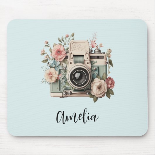 Camera met bloemen Retro Pastel Afbeelding Muismat (Voorkant)