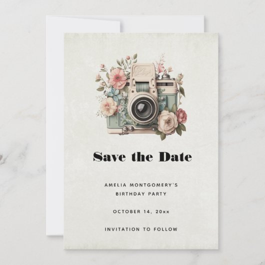 Camera met bloemen Retro Pastel Afbeelding Save The Date (Voorkant)