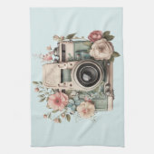 Camera met Bloemen Retro Pastel Afbeelding Theedoek (Verticaal)