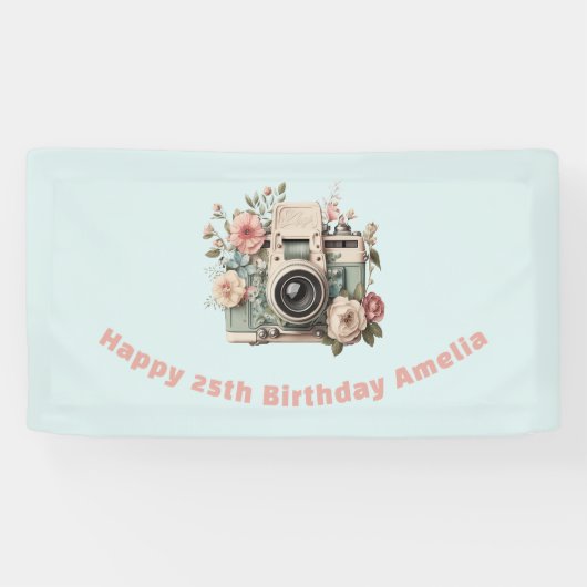 Camera met bloemen Retro Pastel Afbeelding Verjaar Spandoek (Horizontaal)