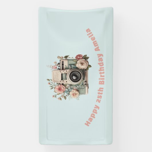 Camera met bloemen Retro Pastel Afbeelding Verjaar Spandoek (Verticaal)
