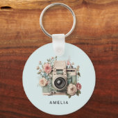 Camera met Bloemen Retro Pastel Sleutelhanger (Voorkant)