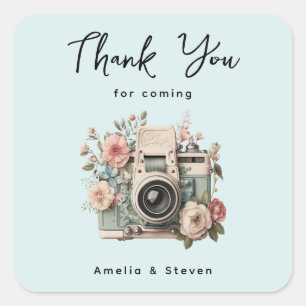 Camera met Bloemen Retro Pastel Trouw Dank Je Vierkante Sticker