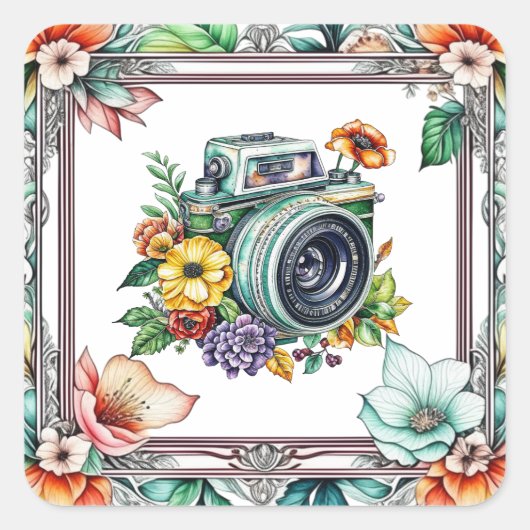  Camera met  Bloemen Waterverf Vierkante Sticker (Voorkant)