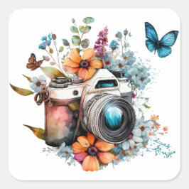Camera op een boeket met een vlinder vierkante sticker