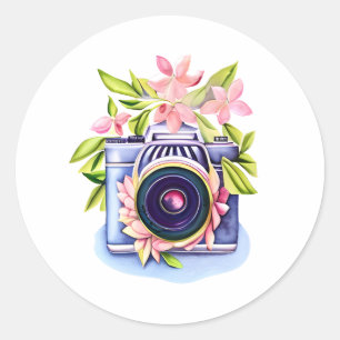 camera, roze bloemen, groen gebladerte ronde sticker