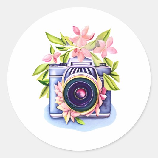  camera, roze bloemen, groen gebladerte ronde sticker (Voorkant)