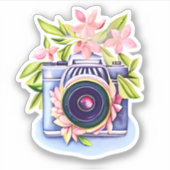  camera, roze bloemen, groen gebladerte sticker (Voorkant)