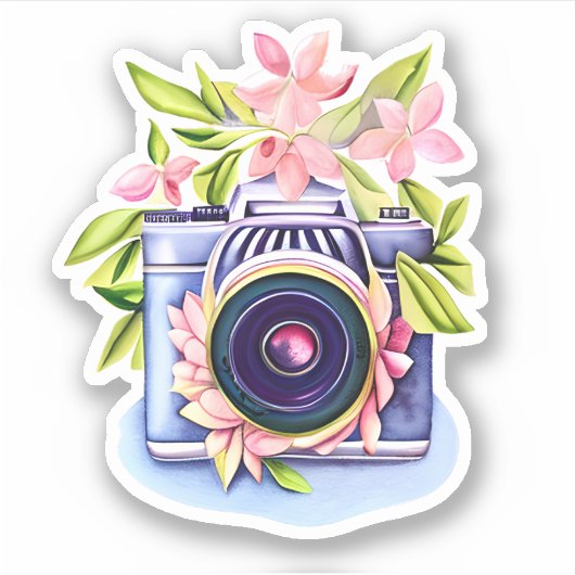  camera, roze bloemen, groen gebladerte sticker (Voorkant)