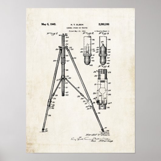 Camera Tripod Patent Print 1942 Poster (Voorkant)