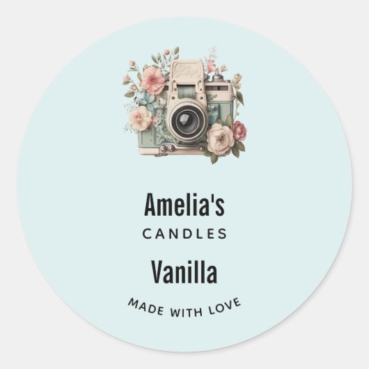Camera with Flowers Retro Pastel Candle Business Ronde Sticker (Voorkant)