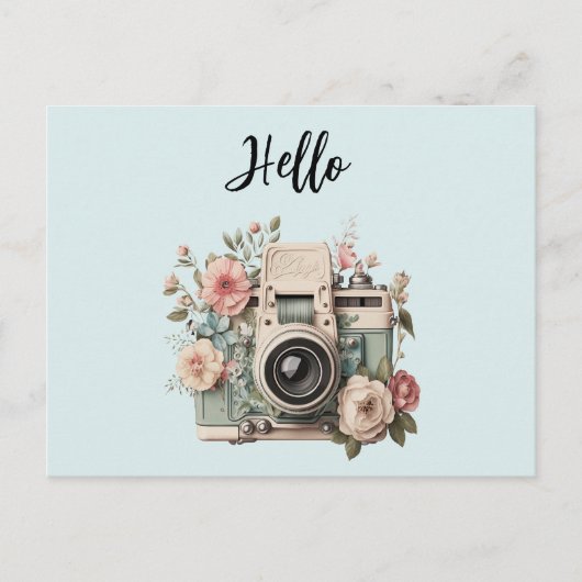 Camera with Flowers Retro Pastel Hello Briefkaart (Voorkant)