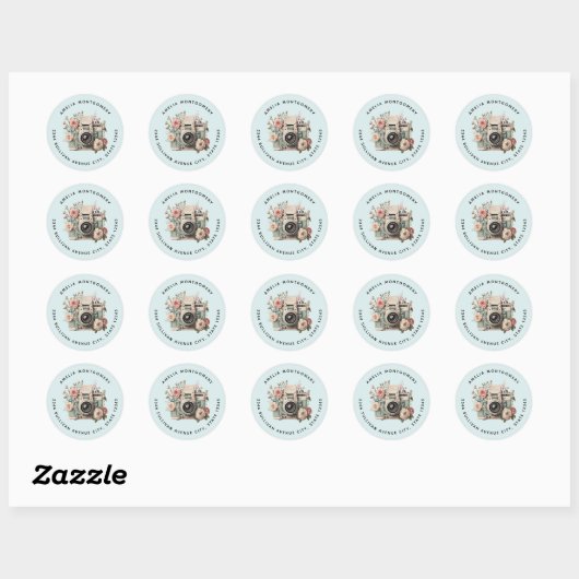 Camera with Flowers Retro Pastel Image - Address Ronde Sticker (Vel)