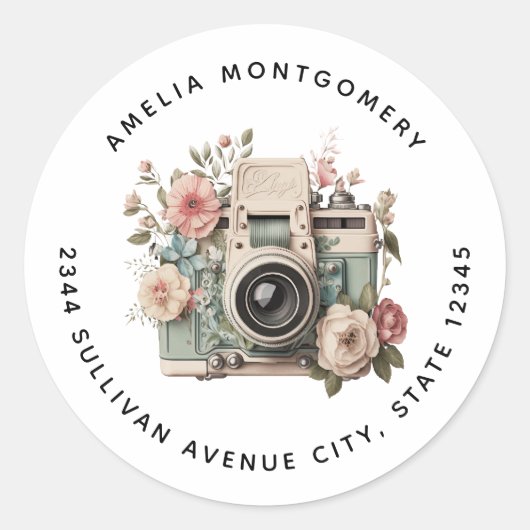 Camera with Flowers Retro Pastel Image - Address Ronde Sticker (Voorkant)