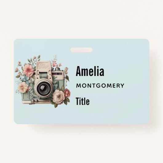 Camera with Flowers Retro Pastel Image Badge (Achterkant)