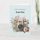 Camera with Flowers Retro Pastel Image Birthday Kaart (Voorkant)