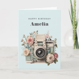 Camera with Flowers Retro Pastel Image Birthday Kaart