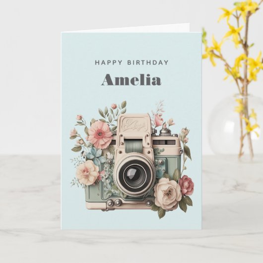 Camera with Flowers Retro Pastel Image Birthday Kaart (Gele Bloem)