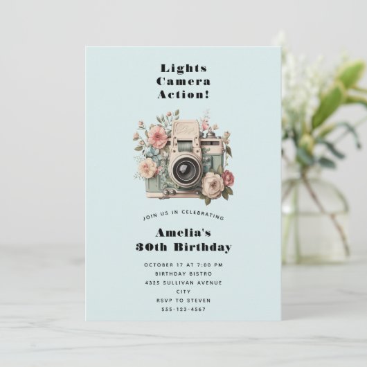  Camera with Flowers Retro Pastel Image Birthday Kaart (Staand voorkant)
