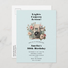 Camera with Flowers Retro Pastel Image Birthday Uitnodiging Briefkaart