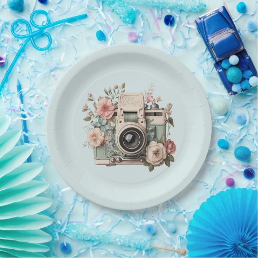 Camera with Flowers Retro Pastel Image Papieren Bordje (Feest)