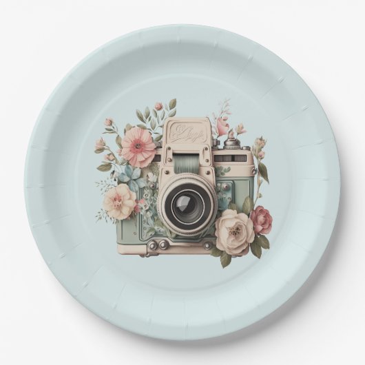 Camera with Flowers Retro Pastel Image Papieren Bordje (Voorkant)