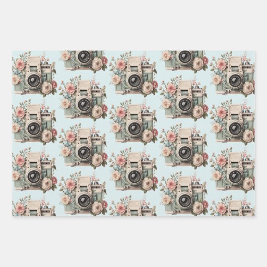 Camera with Flowers Retro Pastel Image Pattern Inpakpapier Vel (Voorkant 2)