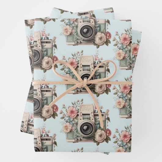 Camera with Flowers Retro Pastel Image Pattern Inpakpapier Vel (In situ)