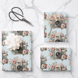 Camera with Flowers Retro Pastel Image Pattern Inpakpapier Vel