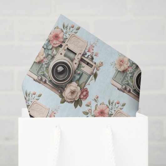 Camera with Flowers Retro Pastel Image Pattern Tissuepapier (Cadeauzakje)