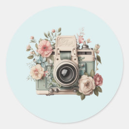 Camera with Flowers Retro Pastel Image Ronde Sticker