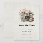 Camera with Flowers Retro Pastel Image Save The Date (Voorkant / Achterkant)