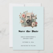Camera with Flowers Retro Pastel Image Save The Date (Voorkant)
