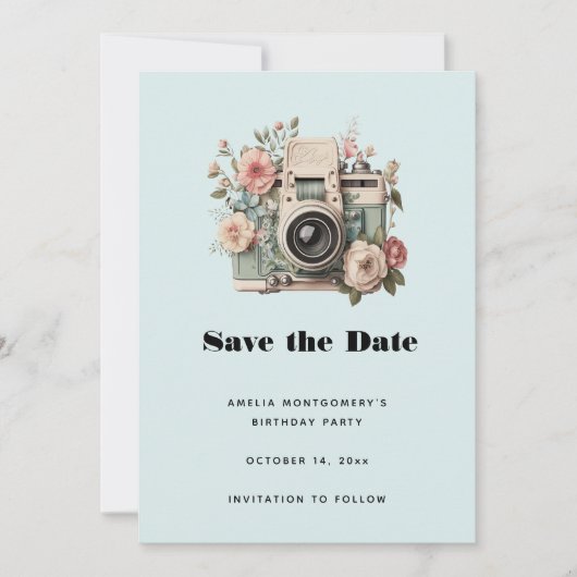 Camera with Flowers Retro Pastel Image Save The Date (Voorkant)