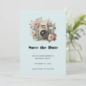 Camera with Flowers Retro Pastel Image Save The Date (Staand voorkant)