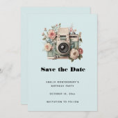 Camera with Flowers Retro Pastel Image Save The Date (Voorkant / Achterkant)