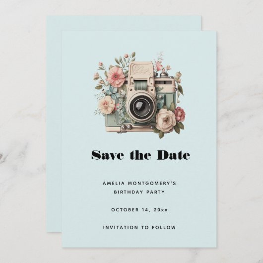 Camera with Flowers Retro Pastel Image Save The Date (Voorkant / Achterkant)