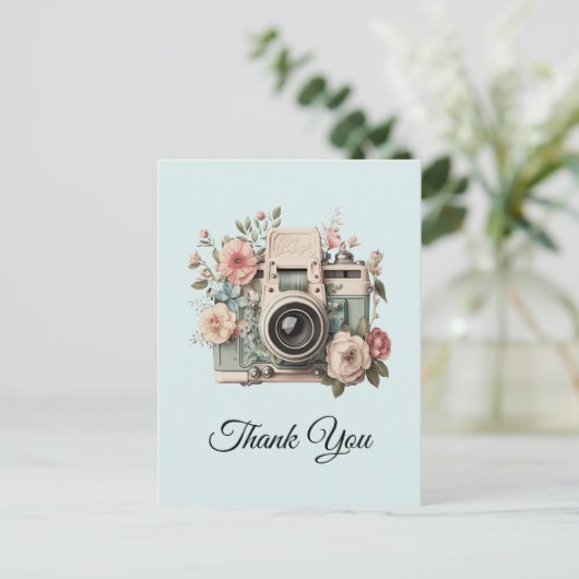 Camera with Flowers Retro Pastel Image Thank You Briefkaart (Staand voorkant)