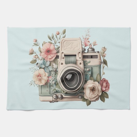 Camera with Flowers Retro Pastel Image Theedoek (Horizontaal)