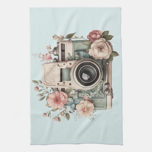 Camera with Flowers Retro Pastel Image Theedoek (Verticaal)