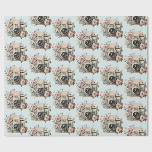 Camera with Flowers Retro Pastel Pattern Cadeaupapier (Vlak)