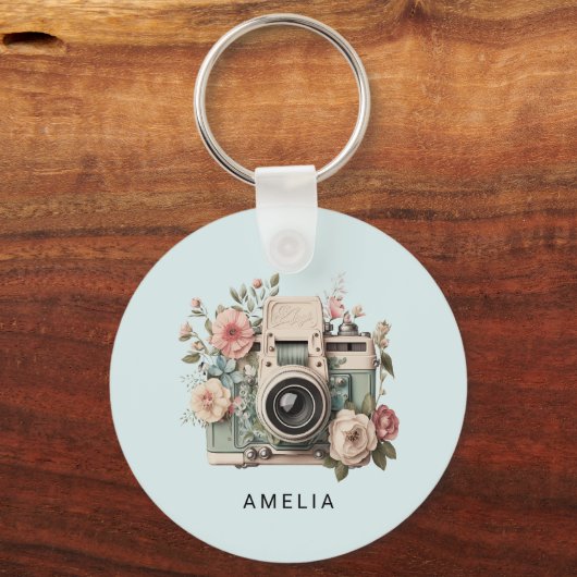 Camera with Flowers Retro Pastel Sleutelhanger (Voorkant)