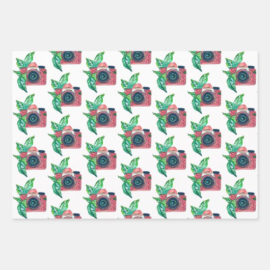  camera's en roze bloemen verjaardag inpakpapier vel (Voorkant 3)