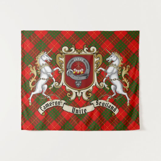 Cameron Clan Badge & Unicorns met Tartan Wandkleed (Voorkant (horizontaal))